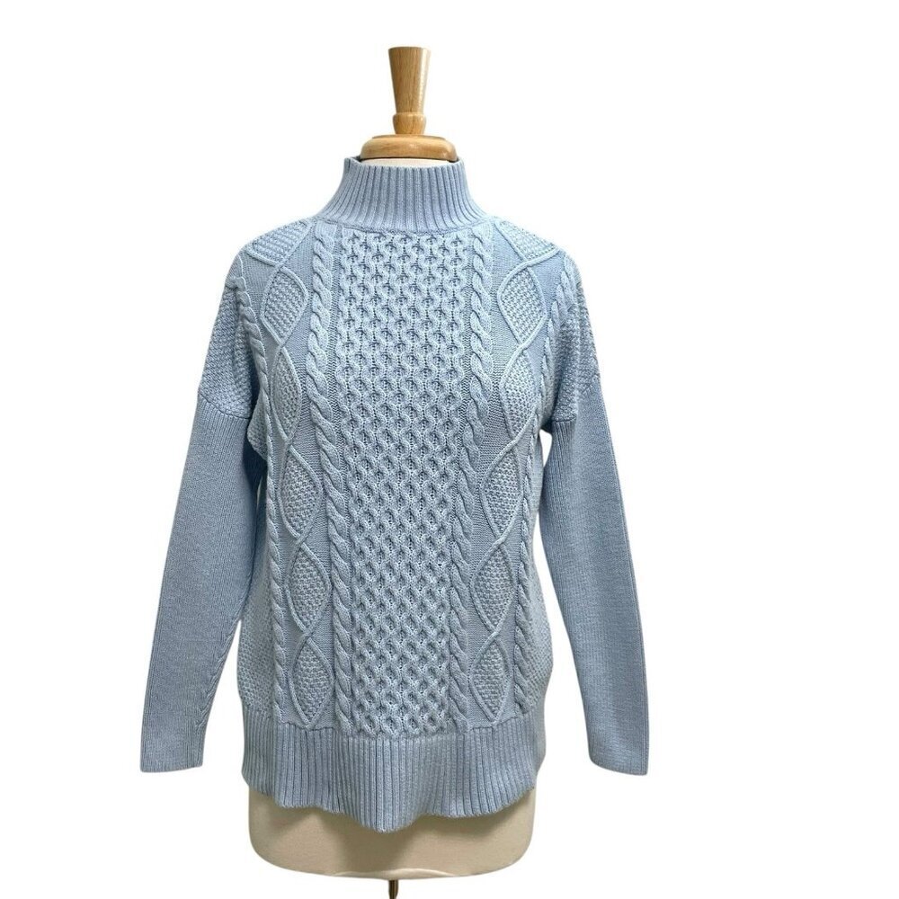 J Crew Cable-Knit Mock-Neck Pullover Sweater Classic Preppy Blue size XS
